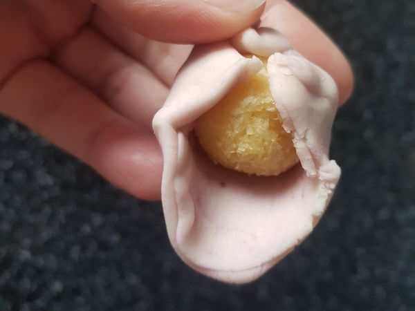 將麵團桿平包入冷凍的內餡