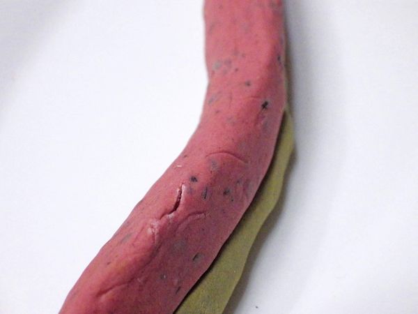 紅麴麵糰搓成長條型後中間稍加壓開，把一樣是長條型的抹茶麵糰給放上..