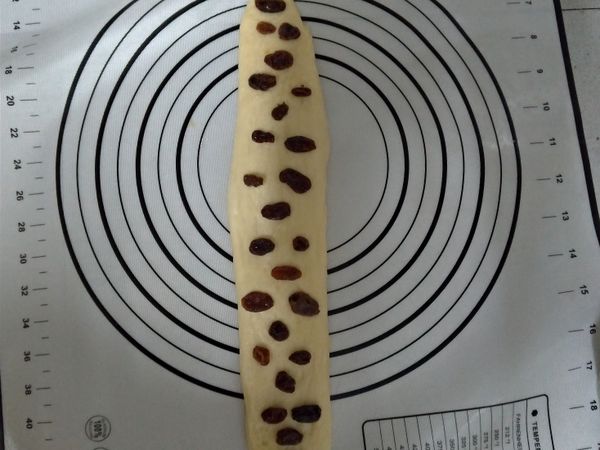 檊成長條狀，鋪上適量的葡萄乾(可依自己喜歡增減)