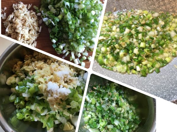 2大匙油大火加熱後轉小火放入蔥末、薑末拌勻後馬上熄火，加入8g鹽。（不需炒太久）或⋯
蔥末、薑末切好加鹽放在碗裡，油大火加熱後直接淋在上面。