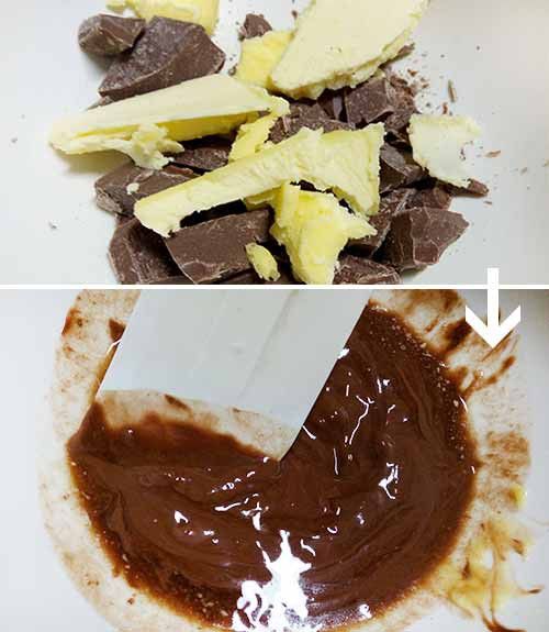 將巧克力及無鹽奶油切成小塊，放入可微波的大碗中，微波約30秒融化後拌勻