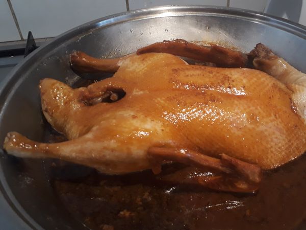 反轉鴨胸朝上，關蓋大火煮至滾，轉小火唯持微滾15mins
留著頸部的話，可用夾夾著頸，另一手用木鑊鏟反轉鴨，盡量保存鴨身完整