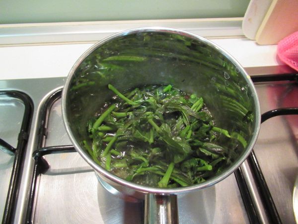 水裡放入蘇打粉煮滾,將步驟1川燙(變綠色就好)撈起沖洗擰乾備用.