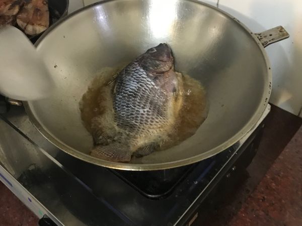 油滾了之後，將吳郭魚放下去炸，第一層要是金黃色，翻面第二層慢慢炸到略焦（，魚頭或魚肉縫焦了，就差不多