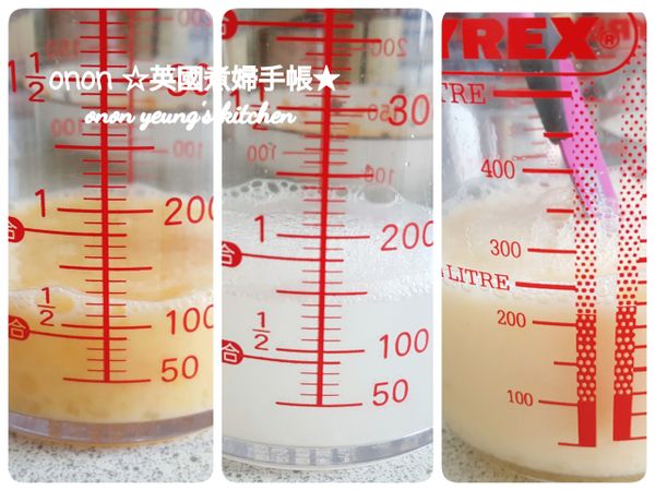 雞蛋打發成蛋液後，倒入150cc 的室溫水拌勻，接著加入少許的鹽和味醂拌勻。
（💢注意：蒸蛋是一人份量的，要是想多加一顆蛋，水的份量就要酌量的多加約75cc）
