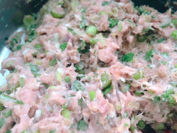 蒜、芹菜、菜脯加入鯊魚漿內拌勻