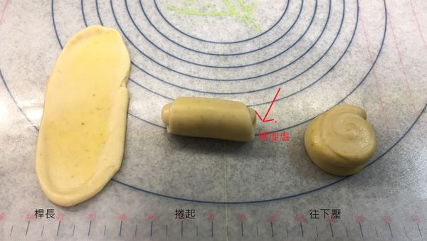 包好油酥的麵糰先桿長再捲起，在由螺旋處往下壓，桿成圓片狀備用。