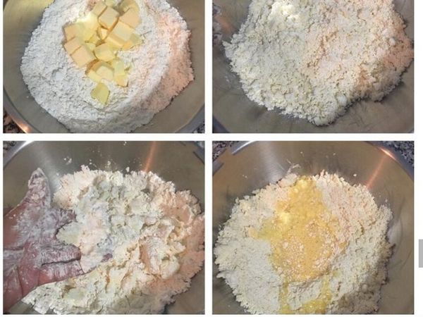 1.除了蛋，其他的都加在一起 2.用手抓勻
（低粉，鹽，糖粉，奶油）         抓至
不需過塞                                      顆粒粉狀
 
4.用手抓勻                               3.加入蛋