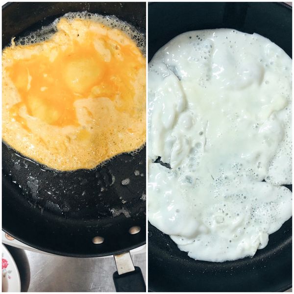 蛋白 蛋黃 分開站

用小的平底鍋最恰當

一定要先煎蛋黃皮，油脂夠 不容易黏鍋

不用洗鍋，在煎蛋白，翻面要小心才不會黏住
