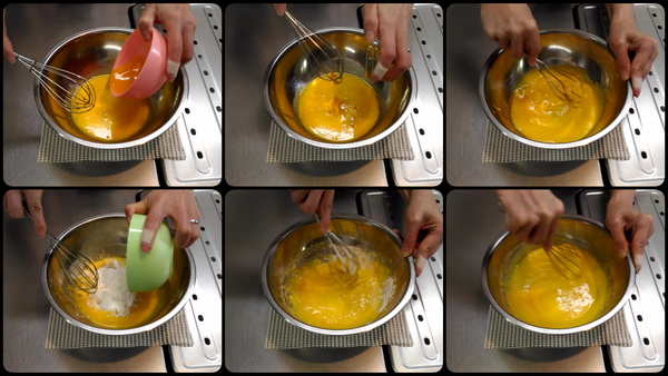 加入柳橙汁和柳橙皮屑攪拌均匀
加入過篩的麵粉,
攪拌至混合均匀,放一邊備用