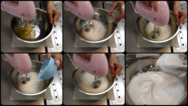 在另一個大碗裡，用手動攪拌器打蛋白

當蛋白呈泡沫狀時，加入檸檬汁 繼續攪拌

加入砂糖，打直至蛋白霜尾端可成現彎曲狀態就可以