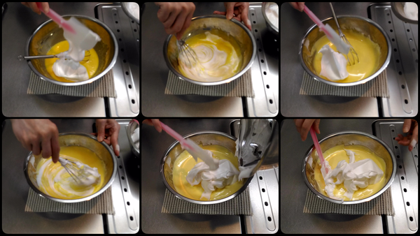 倒入約1/3的蛋白霜至蛋糕麵糊，輕輕的攪拌. 
再加入1/3的蛋白霜,輕輕的攪拌.