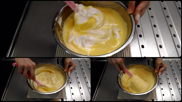 然後再將剩餘的蛋白霜倒入蛋糕麵糊，輕輕的攪拌,直到蛋糕麵糊均勻混合。