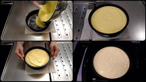 將蛋糕麵糊倒入蛋糕模,並將蛋糕模在桌上輕敲幾下以釋放氣泡