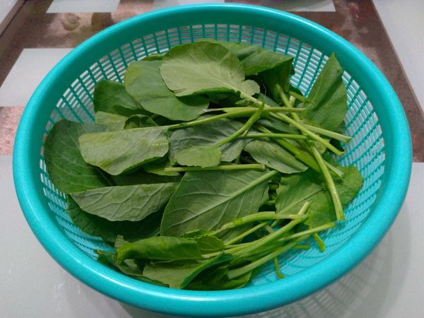 芥藍菜先摘除老梗，我買的品種比較細小，處理完就幾乎不必再切菜了。