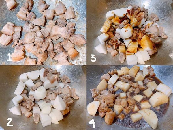 1、 將五花肉切塊洗淨；起油鍋放入五花肉塊，煎至金黃。
2、 白蘿蔔洗淨切塊，加入鍋內繼續拌炒
3、 放入低鹽醬油、砂糖、與五花肉及白蘿蔔拌勻
4、 加入水，中火煮約5分鐘待湯汁滾開後，轉小火後蓋上鍋蓋悶煮，煮至蘿蔔變軟入味即可。