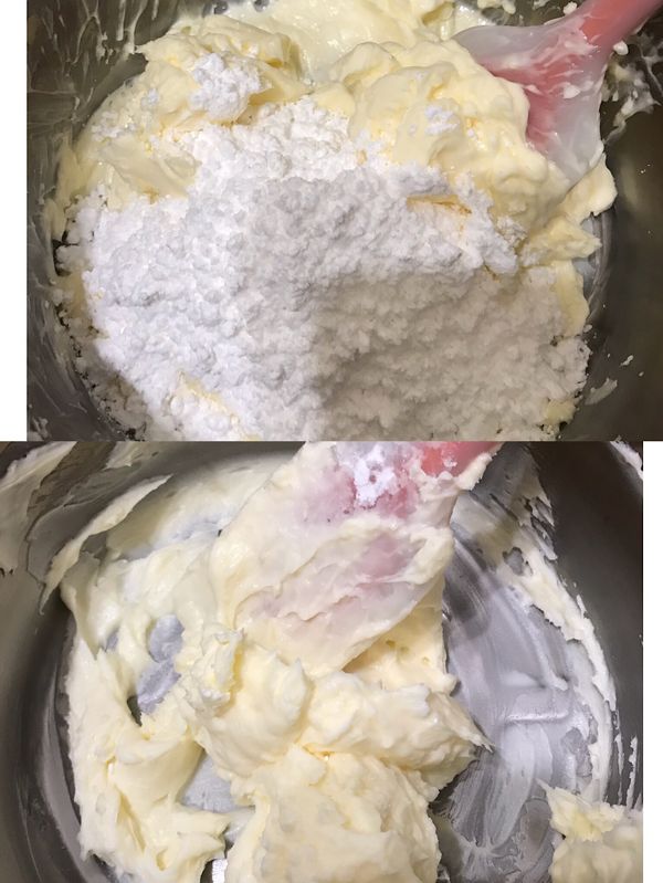加入糖粉用刮刀拌至看不到粉狀的膏狀