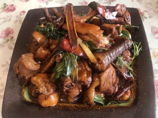 先把雞肉用RO水洗一下，另煮鍋熱水燙雞肉去血水、老薑切片、蒜頭剝皮、辣椒斜切、蔥切段、九層塔留嫩的地方
醬汁先調好：醬油、醬油膏、米酒各2匙、糖半匙、水1/3杯
倒2匙麻油（開中小火）爆老薑片、蒜頭，2面都恰恰的時候，倒雞肉倒勻、醬汁可以先下、水
1/3杯燜一下下蔥白、辣椒燜入味起鍋先九層塔即可起鍋