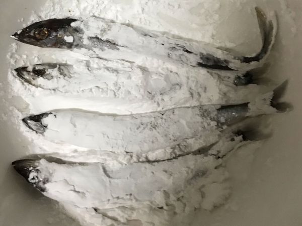 均勻裹上太白粉，煎魚不易散❤️