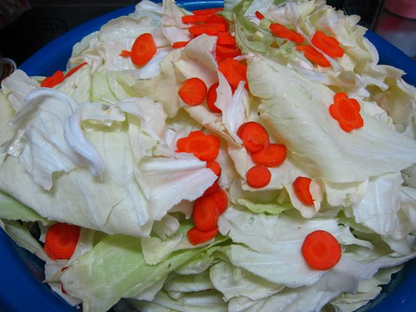 高麗菜葉子取下洗乾淨，瀝乾水；用手撕開片狀加紅蘿蔔、2-3大匙鹽醃漬20-30分鐘。(用手攪拌讓鹽均勻)