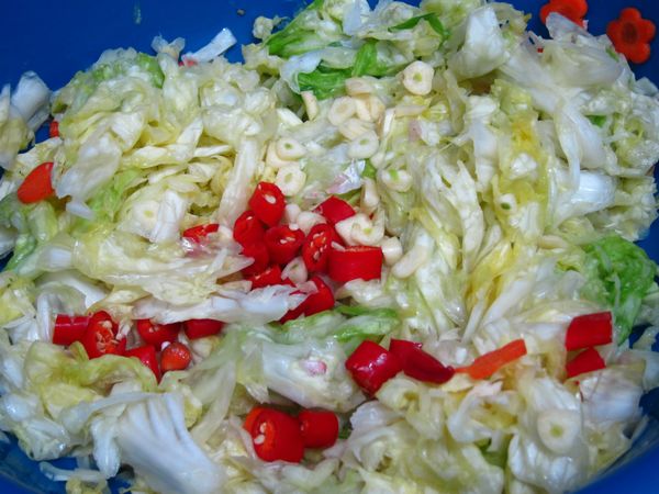 醃漬過的高麗菜和紅蘿蔔加5-6小匙糖、5-6小匙白醋、適量鹽、辣椒、蒜頭，攪拌均勻。