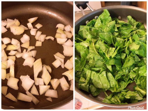 利用培根的油分別炒香洋蔥和菠菜，取出備用。