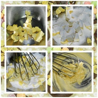 奶油先切小塊，室溫中放軟(如何判斷呢？用手輕壓奶油就會陷下去)，然後加入糖粉，先用打蛋器輕壓，將奶油與糖粉稍混何後再打勻，如奶油卡在打蛋器中，輕教敲鍋邊就可以敲出來喔！