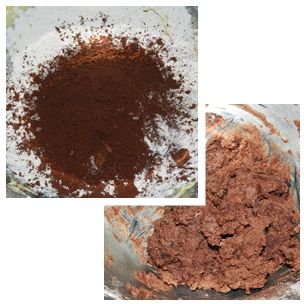 篩入低粉跟可可粉，先用手指慢慢拌合，再揉成團