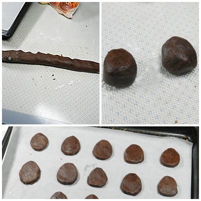 烤箱180度預熱，先在桌上撒一點手粉，然後把麵團撮成條狀，再分成小球，小球上尖下圓，像雞蛋的樣子，放在烘焙紙上，慢慢壓成蛋型