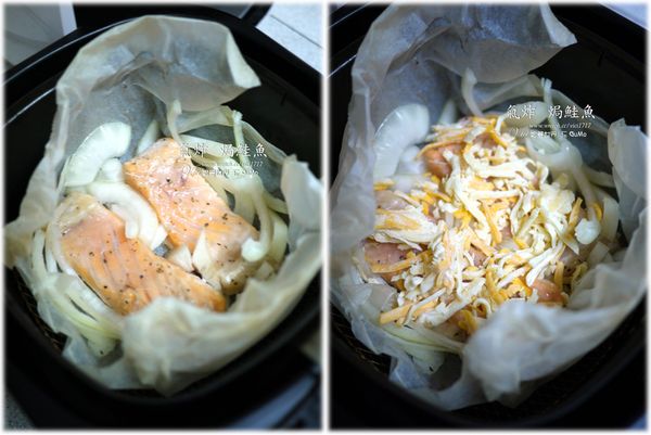 1.先在鮭魚四周旁放上洋蔥絲
2.鮭魚上面撒上起士絲
3.保持烘焙紙打開狀，氣炸200度5分鐘