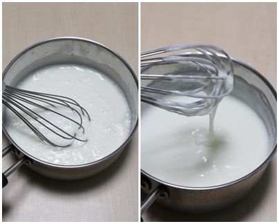 [巧克力、花生布丁]取一個小鍋將★混和後再將牛奶倒進攪拌，放置瓦斯爐小火煮滾至黏稠，還是持續攪拌30秒直到麵糊變光滑。