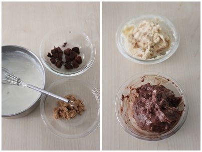 [巧克力、花生布丁]立即關火後放入▼攪拌至顏色均勻光澤發亮為止，然後分成2半，一半和黑巧克力混合(巧克力布丁)，另一半合和花生醬混合(花生布丁)。