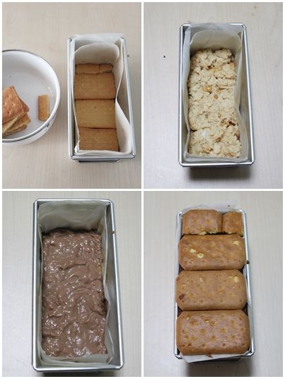 [巧克力、花生布丁]將烘焙紙套入模具裡(或自製空盒容器)，將餅乾併排在第一層，第二層鋪巧克力布丁，接著餅乾、然後花生醬布丁…排到模具滿就可以了。