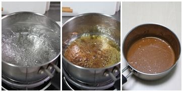 [焦糖醬]把砂糖、水倒入鍋裡，放置瓦斯爐以小火熬到出現咖啡色(顏色淡~濃)，過程中只能用手搖晃鍋子，這時把鮮奶油倒入，用手搖晃鍋子搖勻。