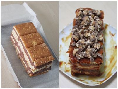 [焦糖醬]把焦糖醬淋在放一晚的蛋糕上，再把切碎的士力架排放在蛋糕頂端上。