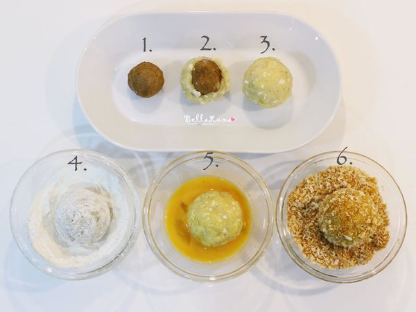 用步驟3的馬鈴薯泥包覆住 IKEA 瑞典肉丸，接著均勻裹上一層薄薄麵粉 → 蛋液 → 麵包粉。