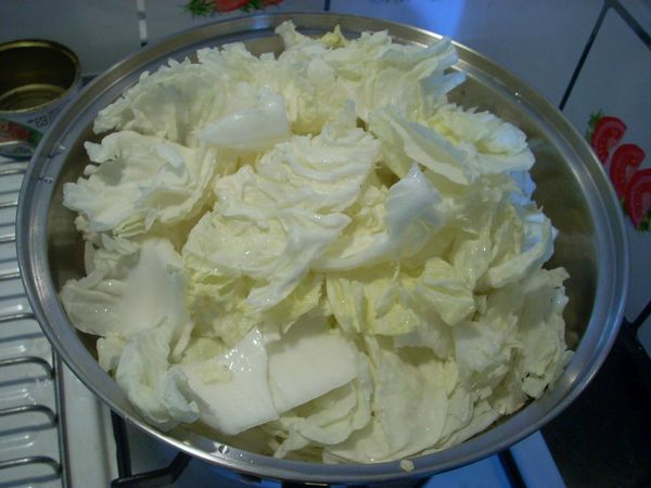 將白菜洗淨切塊加入拌炒