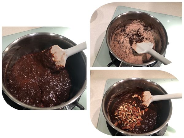 加入過篩的粉類，用刮刀以切拌方式拌勻後，再加入切塊的胡桃，輕柔的拌勻。