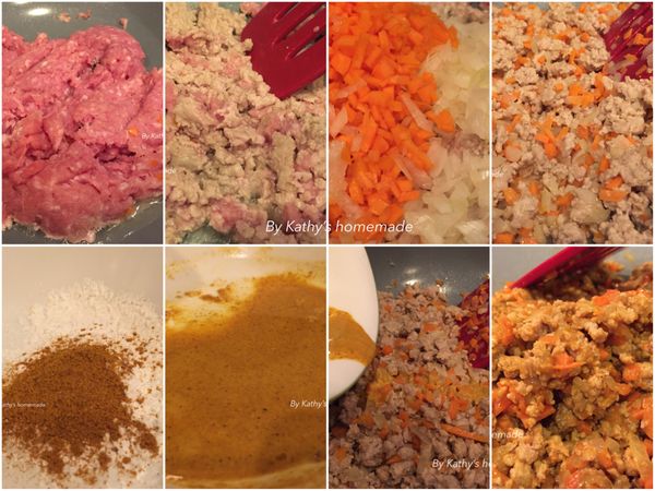 前一日先製作餡料：熱鍋倒入1湯匙油，將絞肉炒半熟。鍋中放入洋蔥、胡蘿蔔、糖、鹽同炒（餡料口味可稍重些）。炒熟之後，加入太白粉與咖哩粉拌炒至湯汁收乾，熄火、待涼。