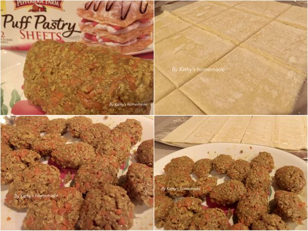 準備烘烤咖喱酥餃，烤箱預熱攝氏200度/華氏400度。冷凍酥皮置室溫40分鐘，切割成18小片；咖喱肉醬以湯匙挖成18球。