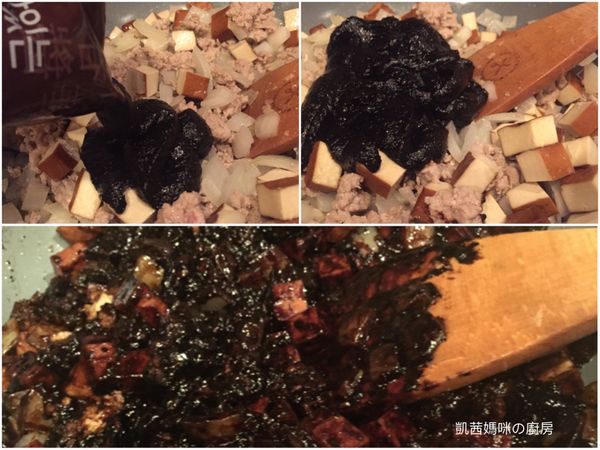 然後把春醬由袋子擠出、入鍋中，與肉末、洋蔥等食材，一起拌炒。
8.拌炒均勻，加砂糖1湯匙、水1杯、蓋上鍋蓋燜煮10分鐘。期間需要不時翻炒，避免焦鍋。
9.炸醬烹煮熟透、入味，將太白粉水拌入醬料。