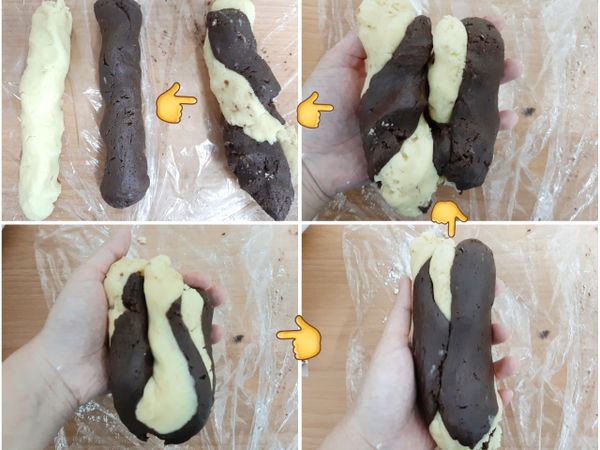 把兩種麵糰各分一半，再搓成長條狀（一共會有4條）👉交叉捲在一起👉對折👉再把兩個搓成一條👉再對折👉再搓成一條（一共重複3-4次即可）