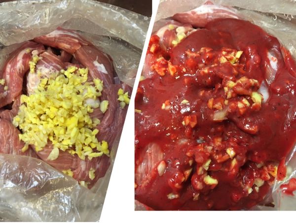 1斤松阪豬+1瓣蒜末、少許薑末+1大匙紅麴醬+1大匙醬油膏，抓勻醃置一天⋯
*將所有食材裝在塑膠袋裡，翻來覆去，攪拌均勻⋯
*我用的紅麴醬本身有鹹，所以醃肉時不需再加鹽；醬油膏也可省略，炸的時候比較不會焦。