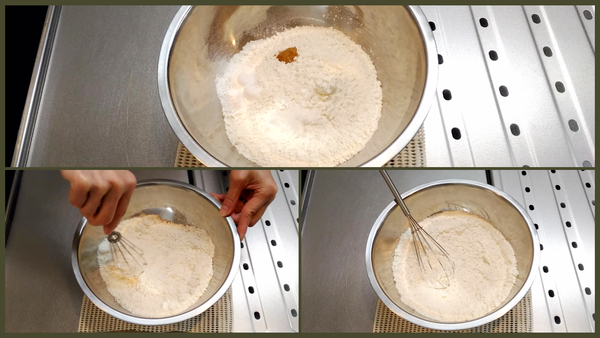 在一個大碗,將麵粉,泡打粉,肉桂粉 和鹽攪拌在一起,
放一旁備用