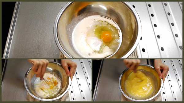 在另一個碗裡，加入砂糖,植物油, 原味優格和雞蛋 
攪拌混合在一起