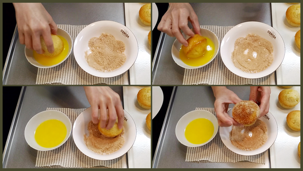 將溫熱的瑪芬浸入融化的黃油中，
然後沾上肉桂糖