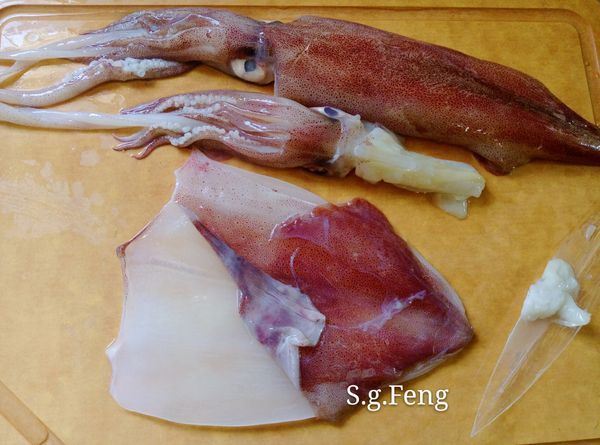 9.透抽處理：將其內臟、鎖管、眼口膜、外膜等清除，並清洗乾淨。
(透抽的外膜可依個人習慣決定是否清除)