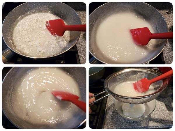 鍋子加入"水"和"糯米粉"，開中小火攪拌均勻後加入"糖"，煮到QQ糊狀後關火，將糯米糊過篩，放涼。