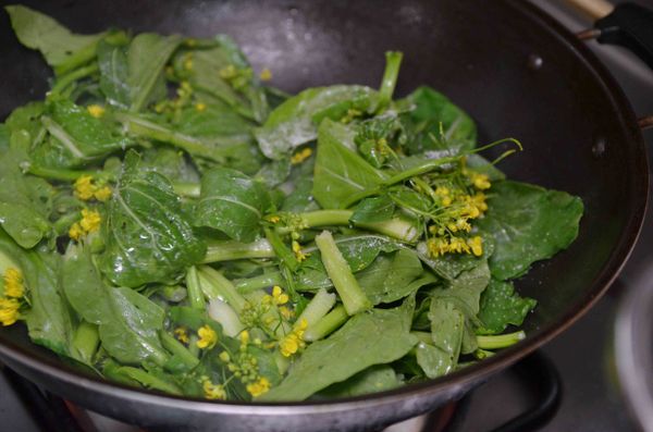 鍋中放油，薑絲、油菜花、鹽拌炒