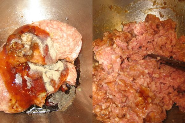 將[調味]加入豬絞肉內攪拌均勻。